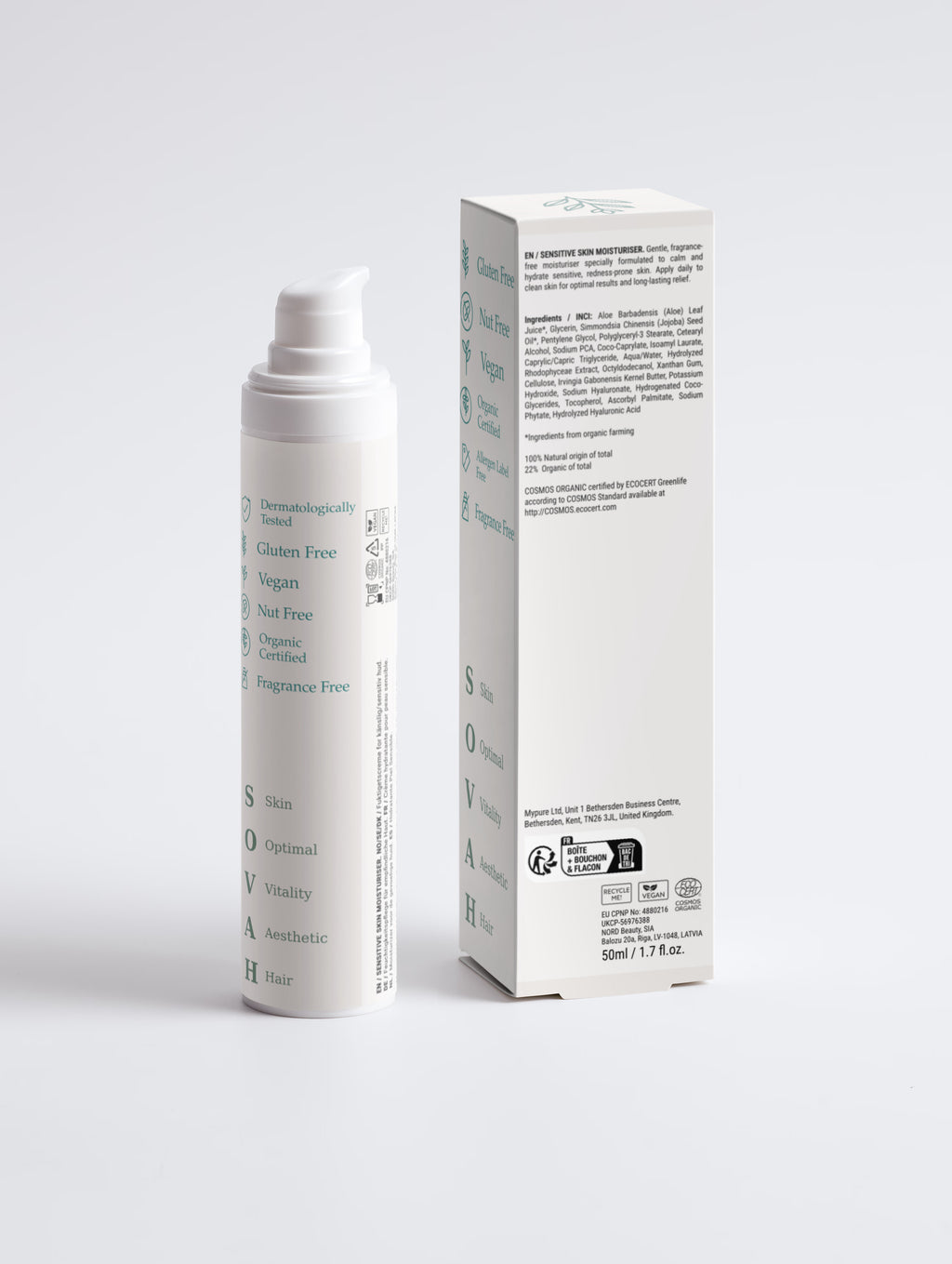 SOVAH Sensitive Skin Moisturiser, Fragrance Free product packaging detail