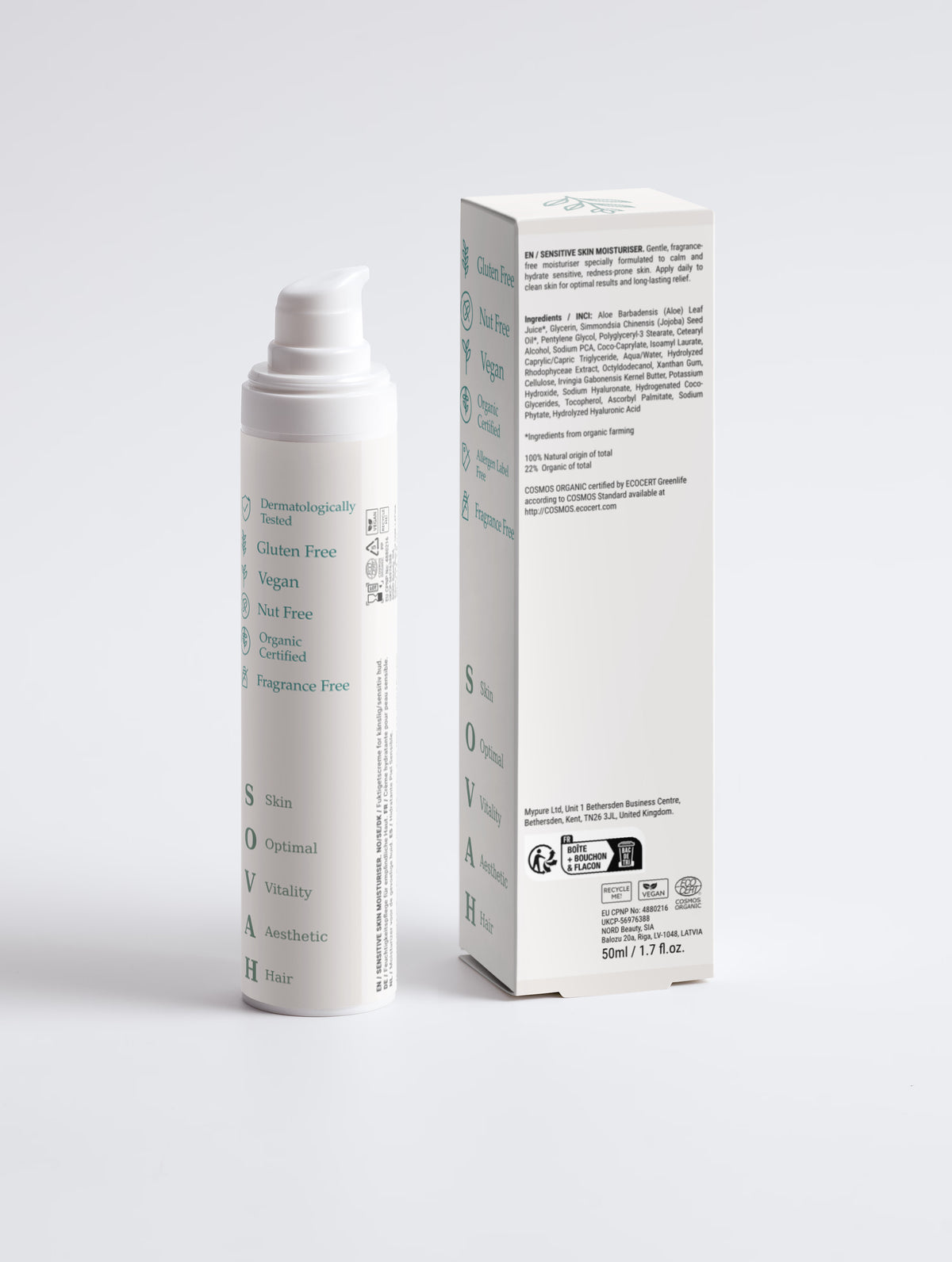 SOVAH Sensitive Skin Moisturiser, Fragrance Free product packaging detail