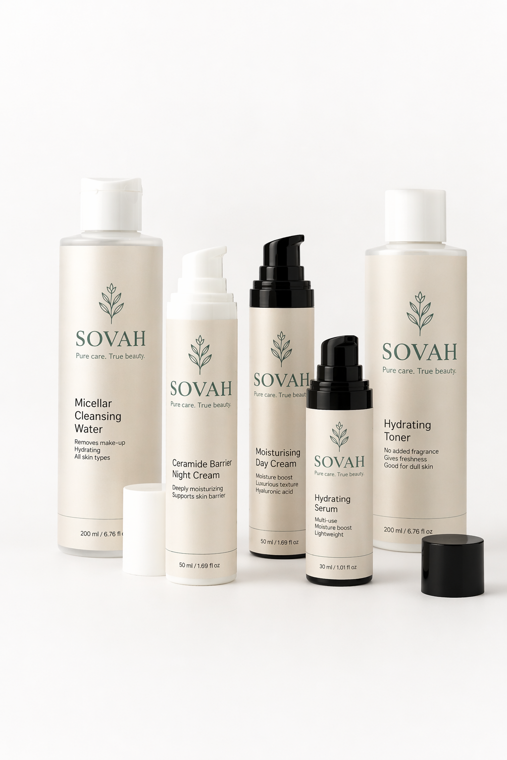 SOVAH Dry & Dehydrated Skin Routine with Micellar Cleansing Water, Hydrating Toner, Niacinamide Gel Moisturiser and SPF50 Stick
