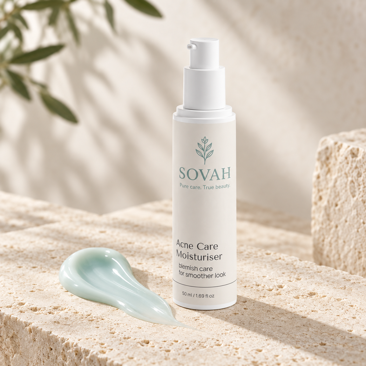 Acne Care Moisturiser beside its lightweight cream-gel texture