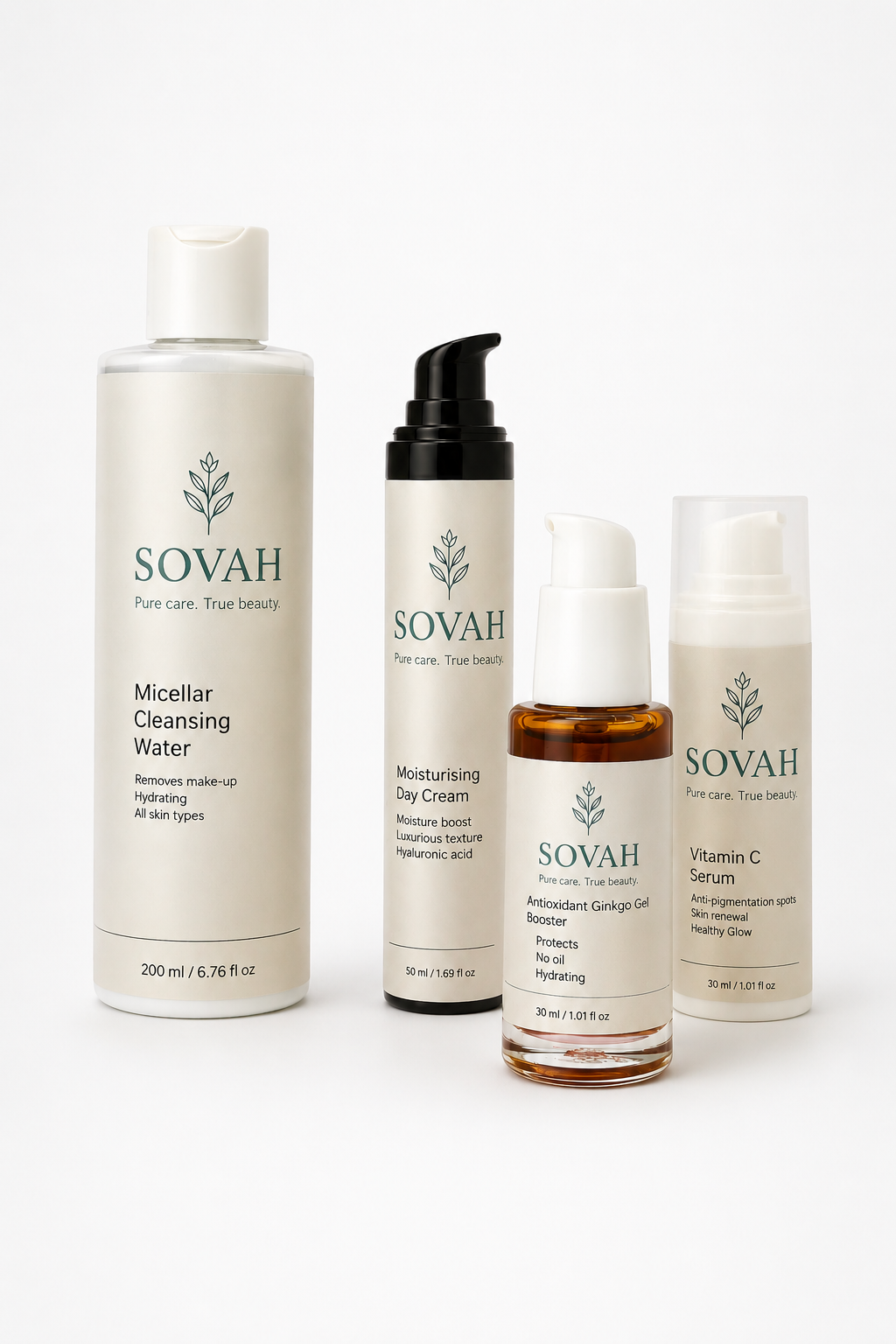 SOVAH Dull Skin Routine met Micellar Cleansing Water, Vitamin C Serum, Antioxidant Ginkgo Gel Booster en Moisturising Day Cream op een lichte studio achtergrond in een minimalistische productopstelling.
