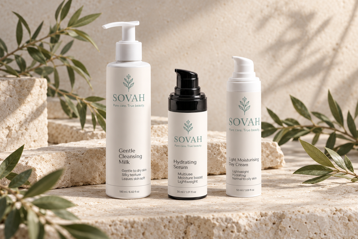 SOVAH huidverzorgingsroutine met Gentle Cleansing Milk, Hydrating Serum en Light Moisturising Day Cream
