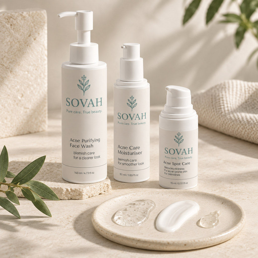 Acne Skin Routine SOVAH products with skincare textures
