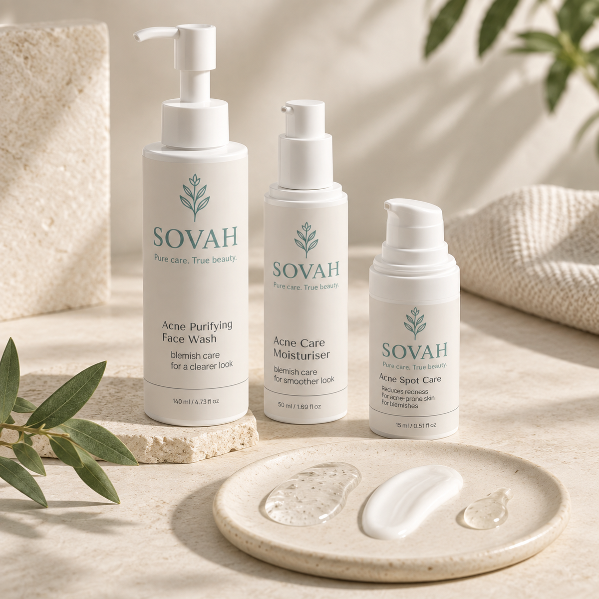 Acne Skin Routine SOVAH products with skincare textures