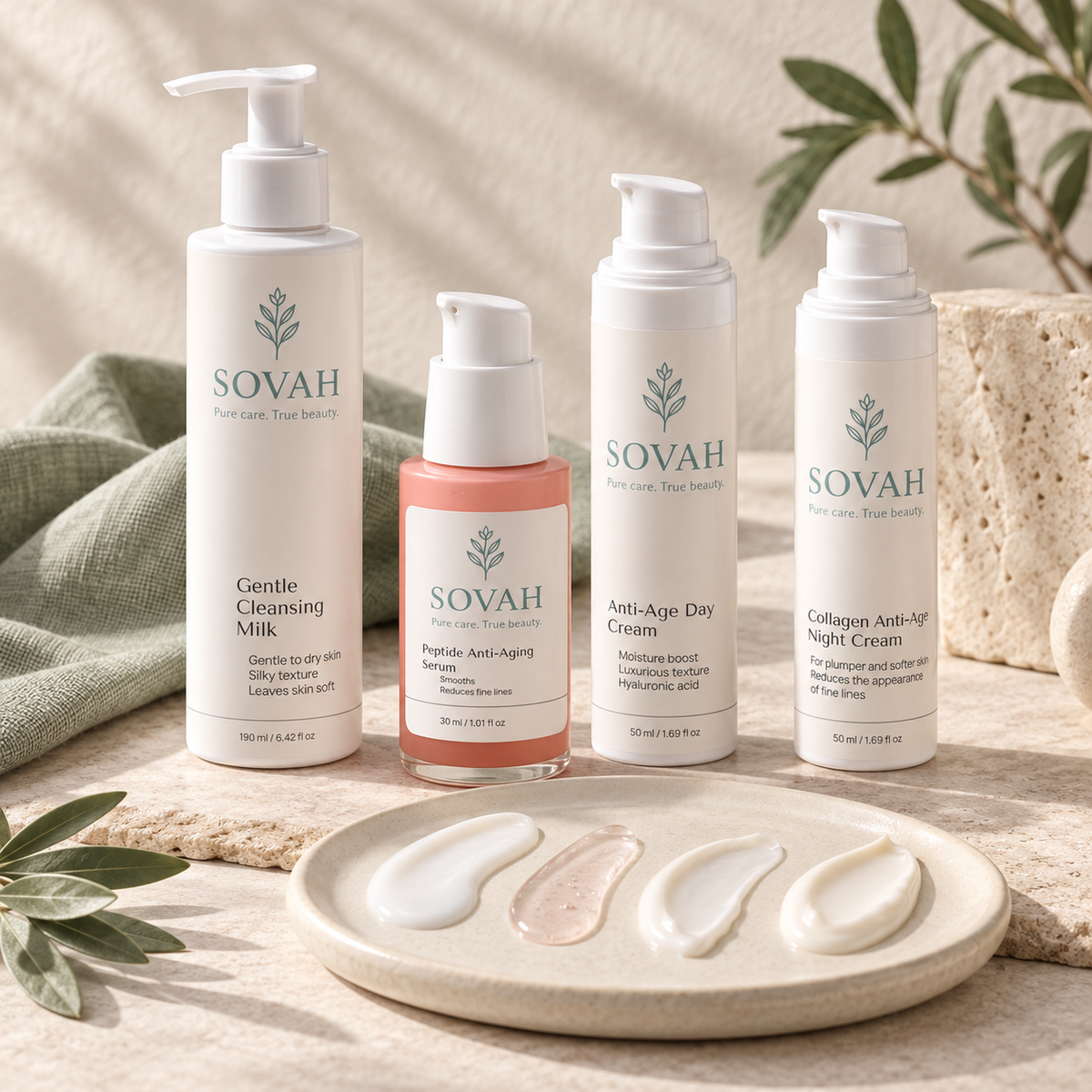 Aging Skin Routine SOVAH products with skincare textures