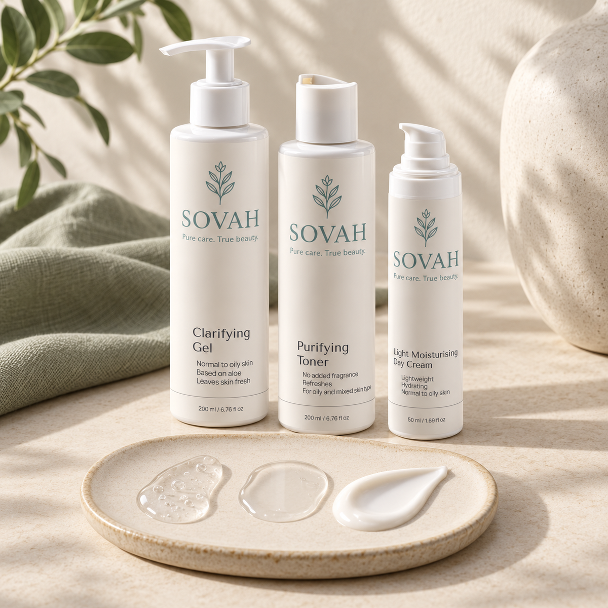 Combination Skin Routine SOVAH products with skincare textures