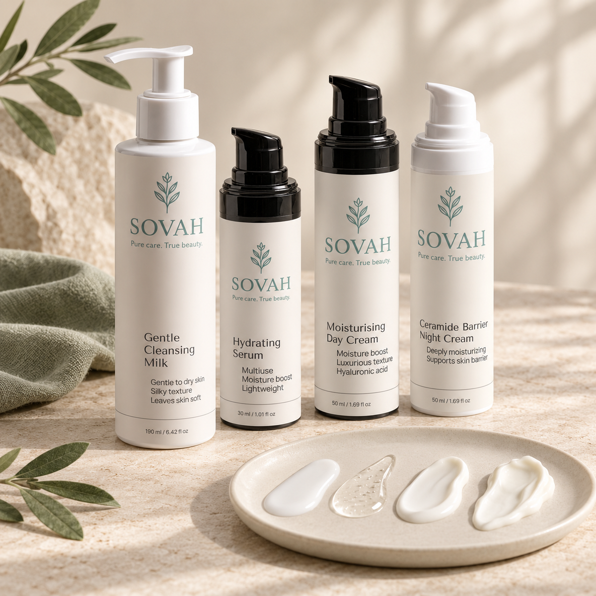 Dry Skin Routine SOVAH products with skincare textures