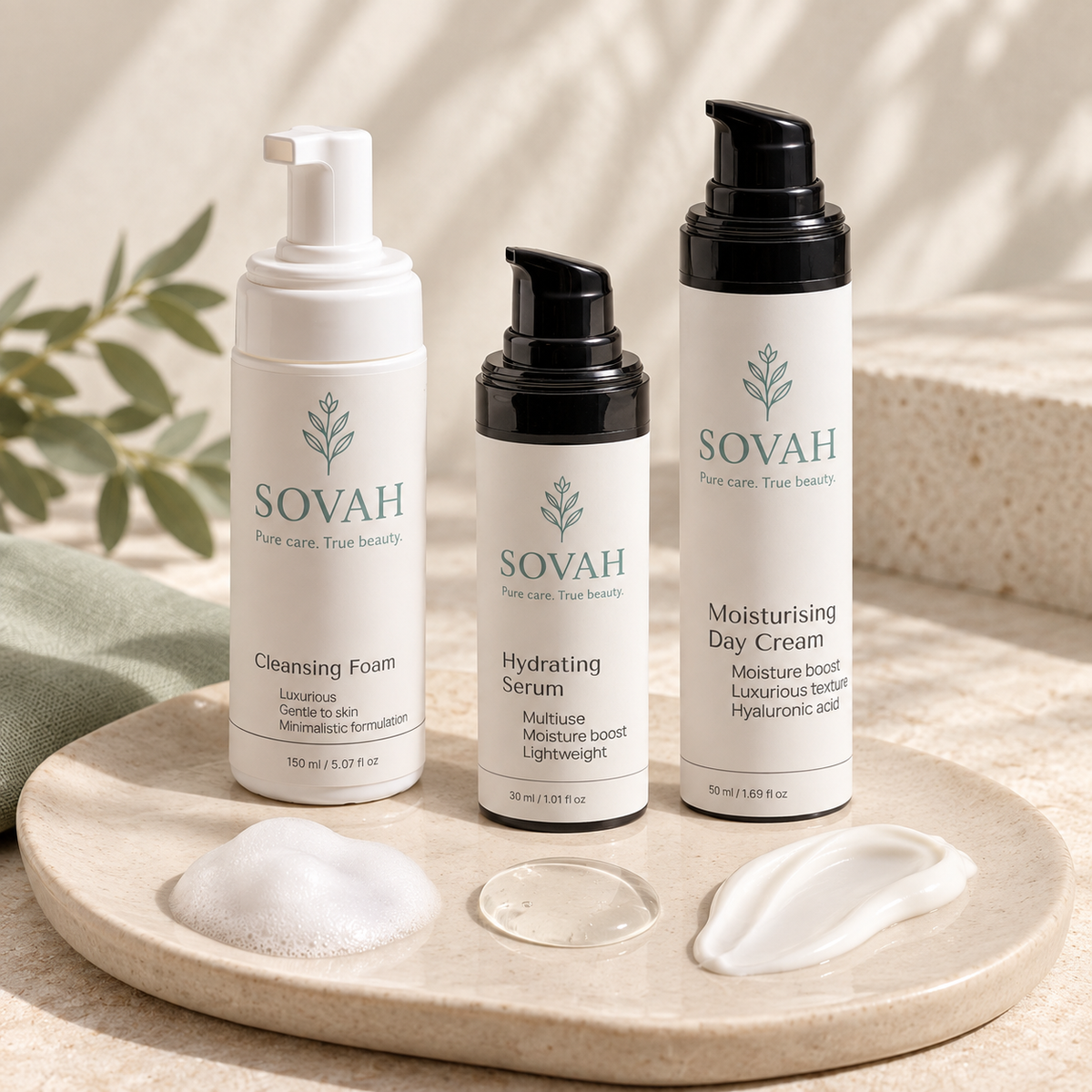 Normal Skin Routine SOVAH products with skincare textures