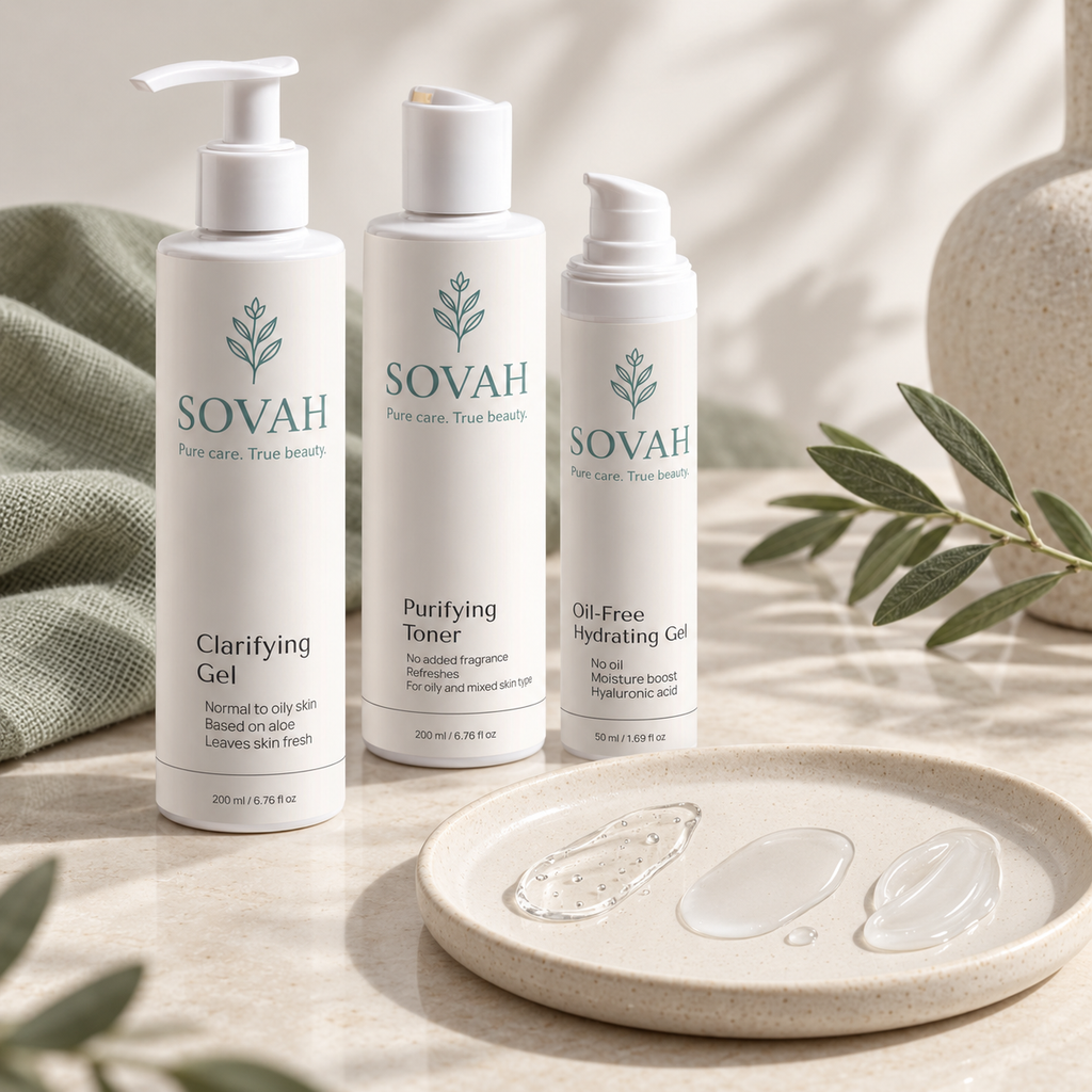 Oily Skin Routine SOVAH products with skincare textures