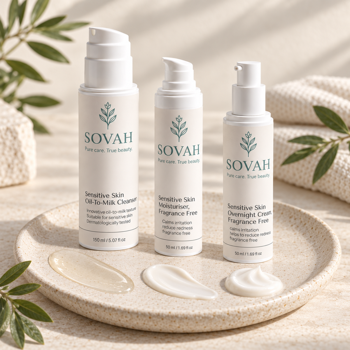 Sensitive Skin Routine SOVAH products with skincare textures