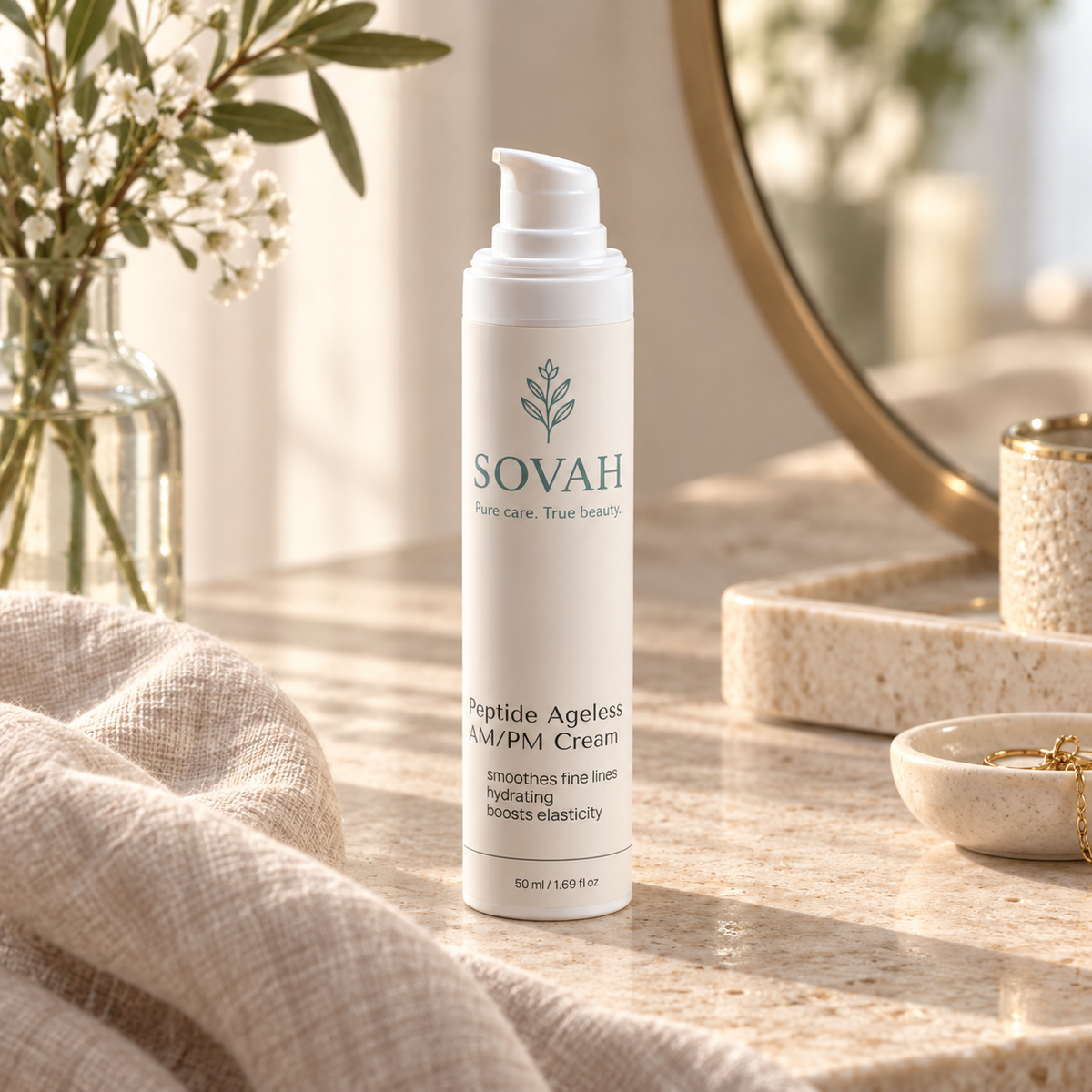 Peptide Ageless AM/PM Cream in an elegant skincare setting