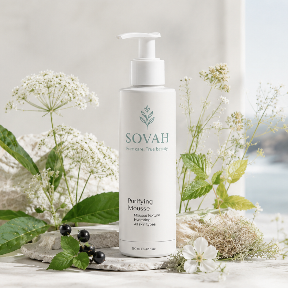 SOVAH Purifying Mousse skincare product tussen Noord-Europese planten, witte bloemen en natuurlijke botanische ingrediënten op een lichte steenachtige achtergrond.
