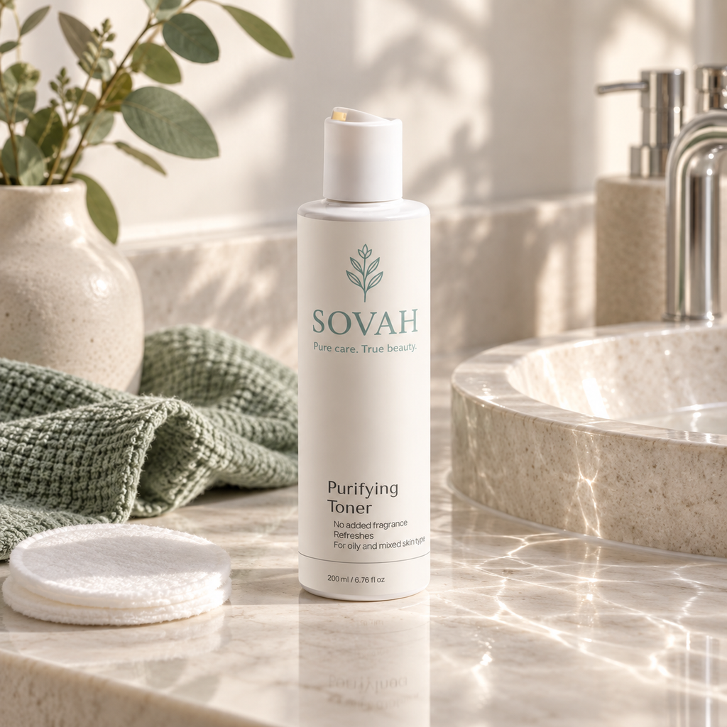 Purifying Toner in a clean bathroom setting