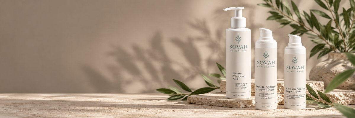 SOVAH Gentle Cleansing Milk, Peptide Ageless AM/PM Cream en Collagen Anti-Age Night Cream voor rijpere huid