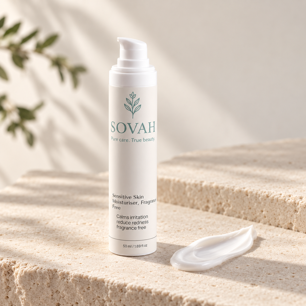 Sensitive Skin Moisturiser beside its soft cream texture