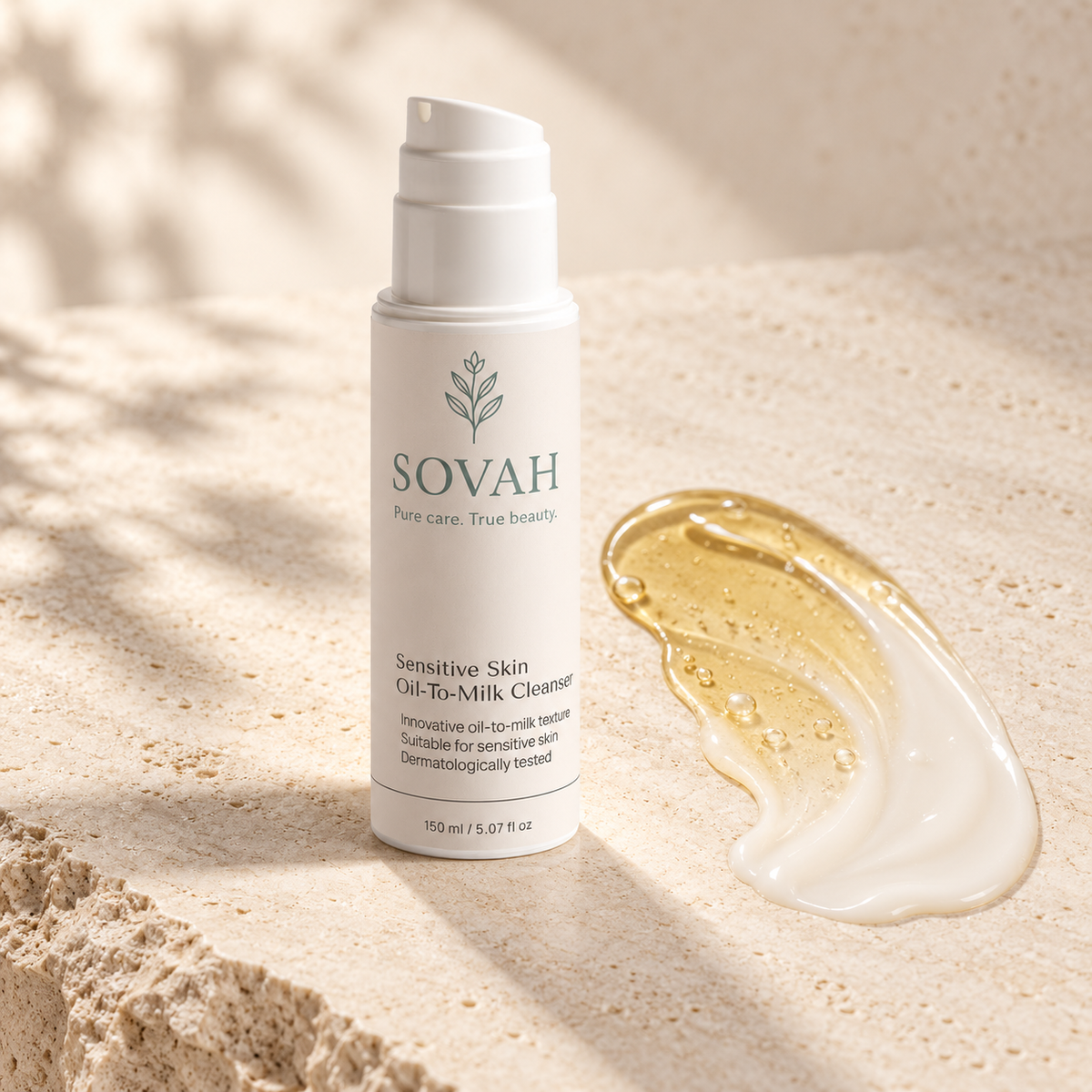 Sensitive Skin Oil-To-Milk Cleanser beside its oil-to-milk texture