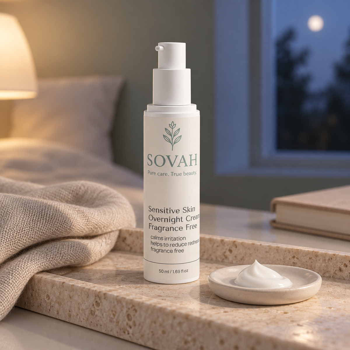 SOVAH Sensitive Skin Overnight Cream in a calm evening skincare setting