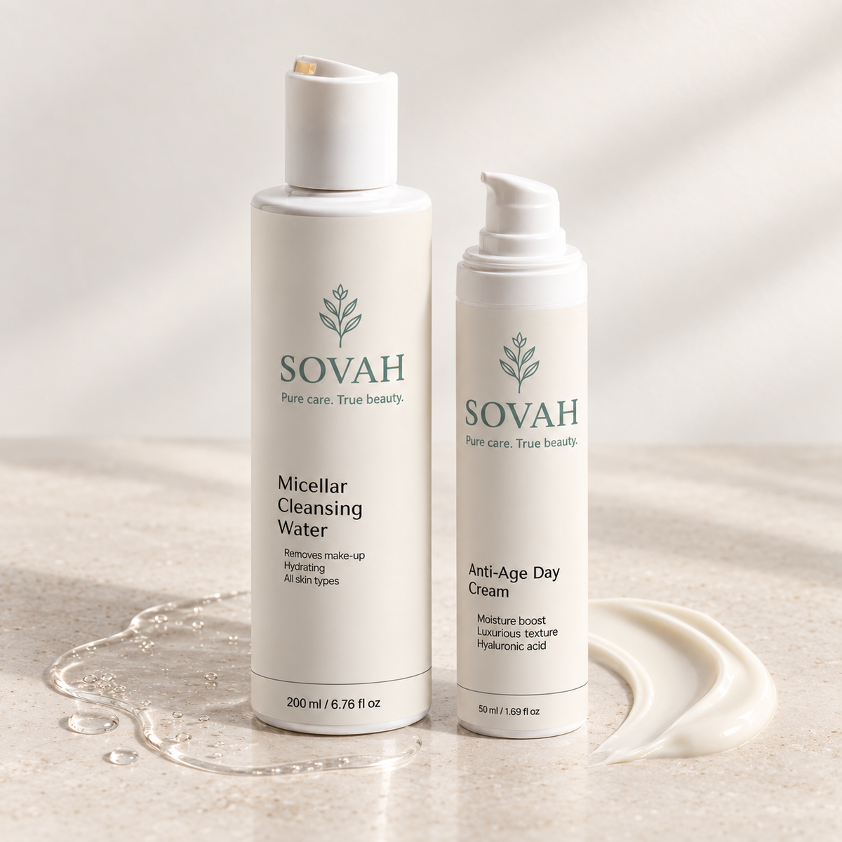 Simple Aging Skin Routine – SOVAH products with micellar water and cream textures