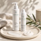 Simple Aging Skin Routine SOVAH products with skincare textures