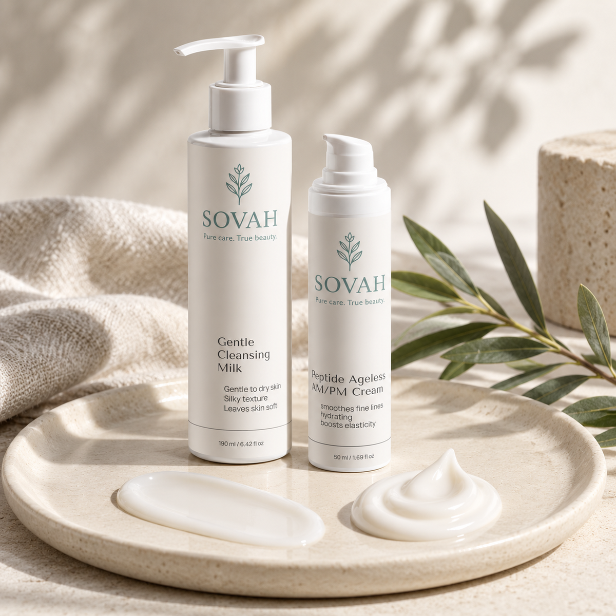Simple Aging Skin Routine SOVAH products with skincare textures