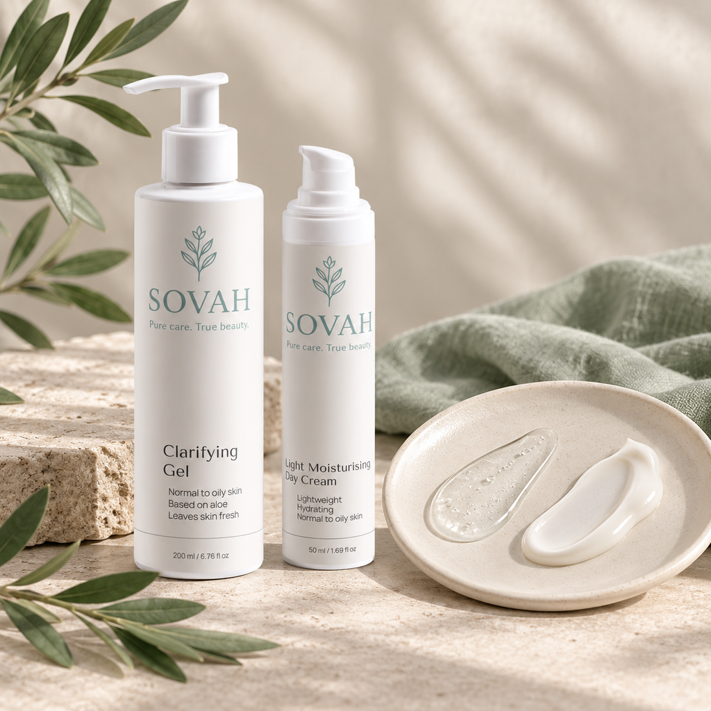 Simple Combination Skin Routine SOVAH products with skincare textures