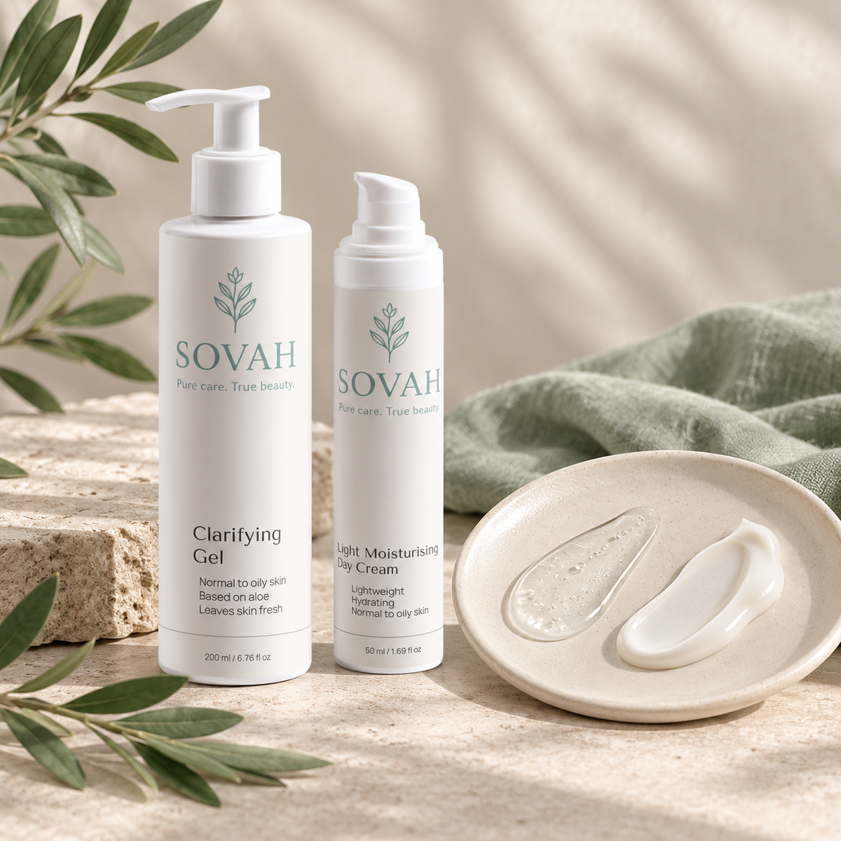 Simple Combination Skin Routine SOVAH products with skincare textures