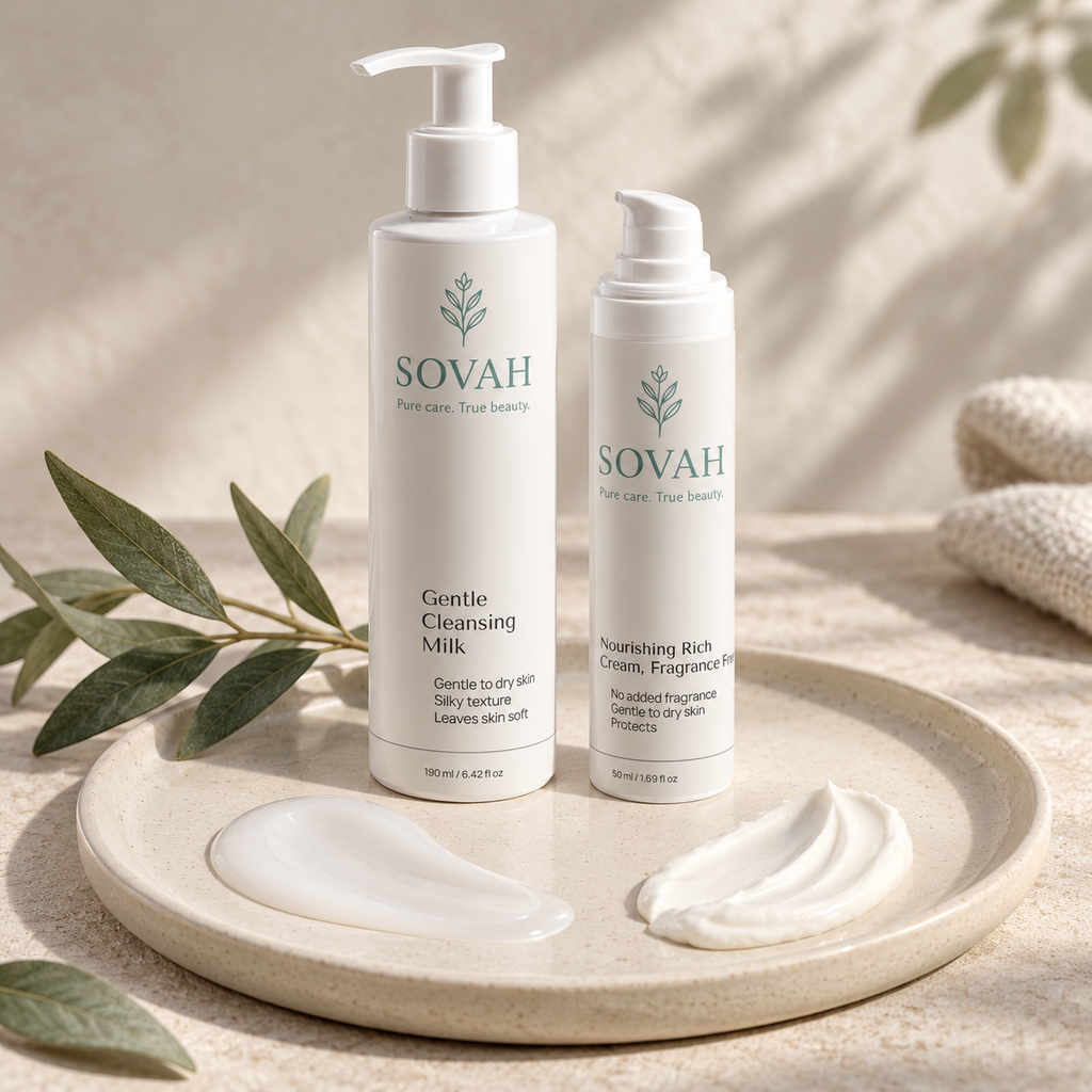 Simple Dry Skin Routine SOVAH products with skincare textures