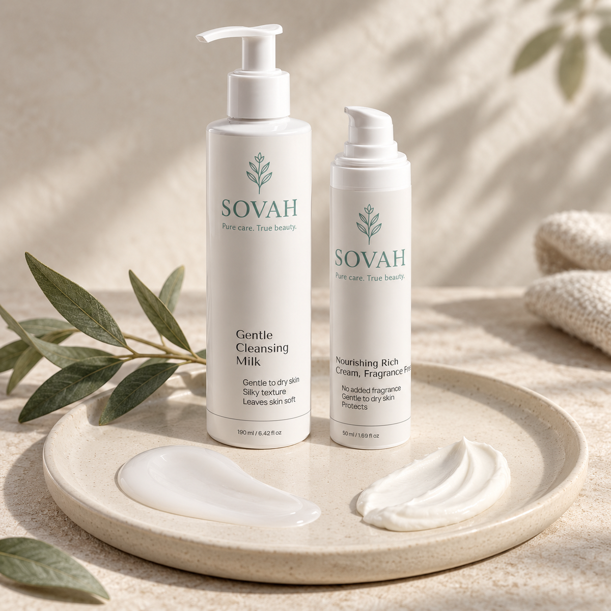 Simple Dry Skin Routine SOVAH products with skincare textures