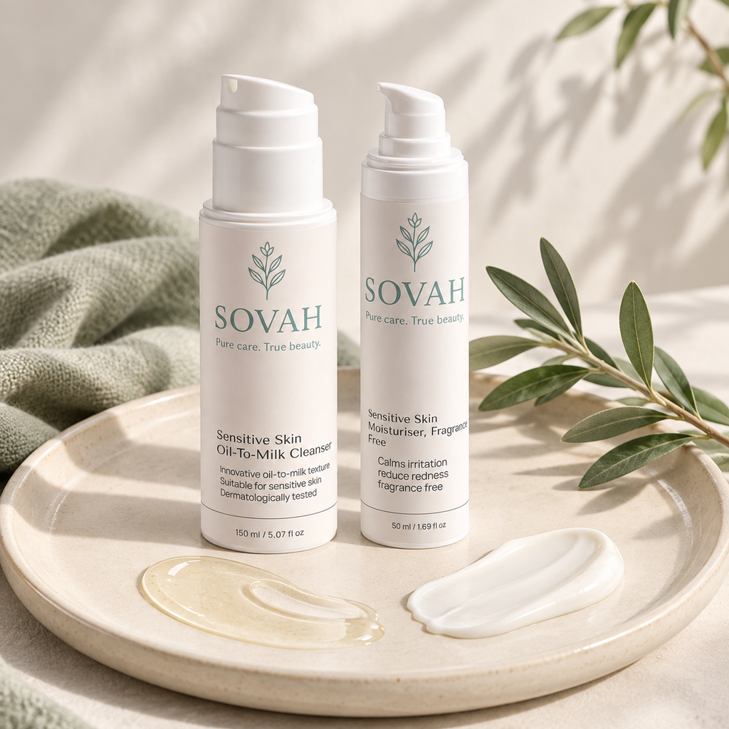 Simple Sensitive Skin Routine SOVAH products with skincare textures