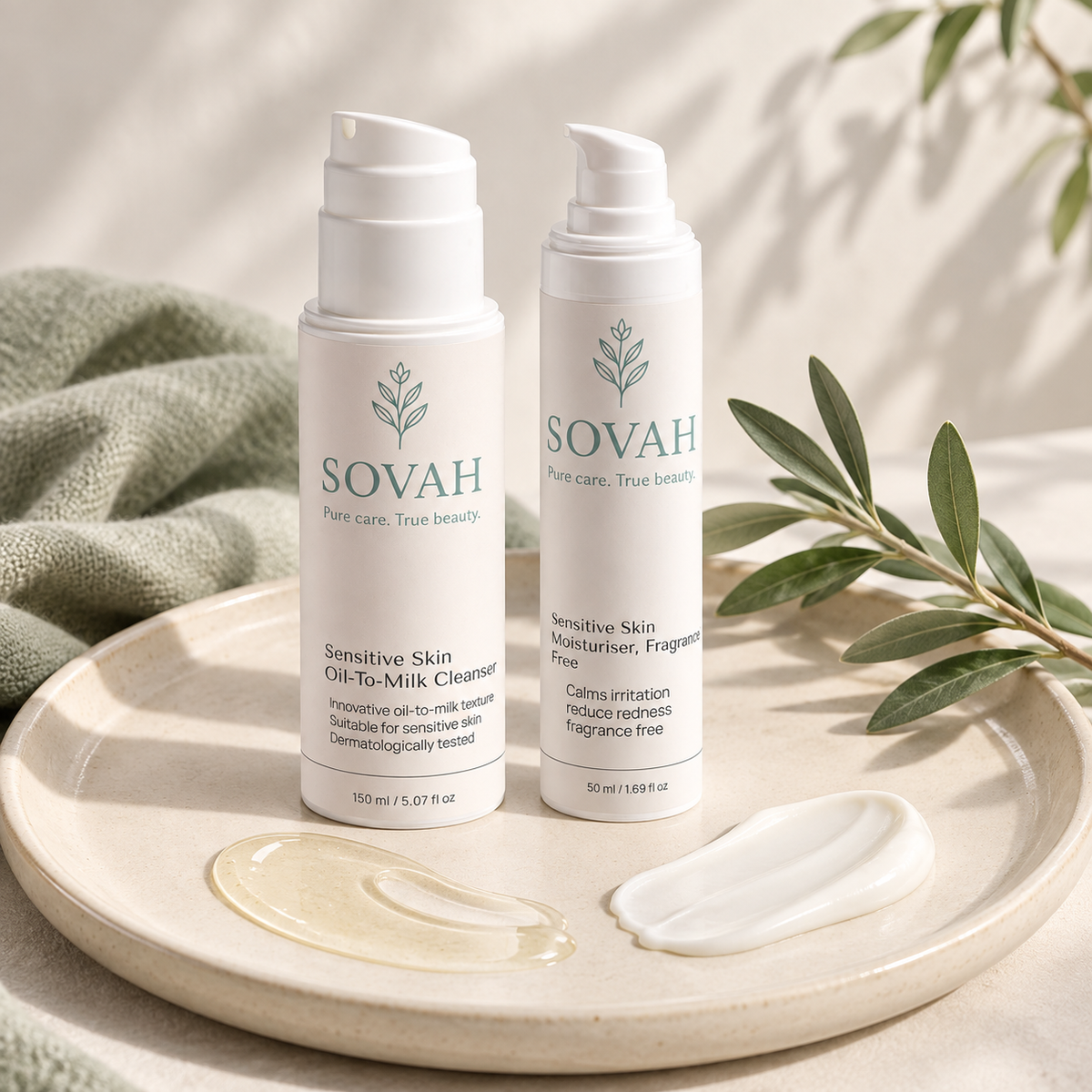 Simple Sensitive Skin Routine SOVAH products with skincare textures
